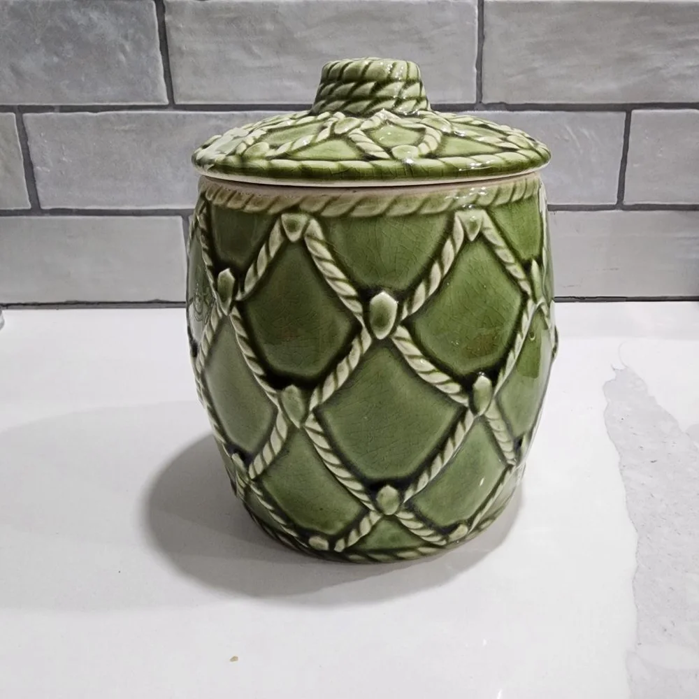 Japan Green Ceramic Fruit Embossed Biscuit Jar. Vintage